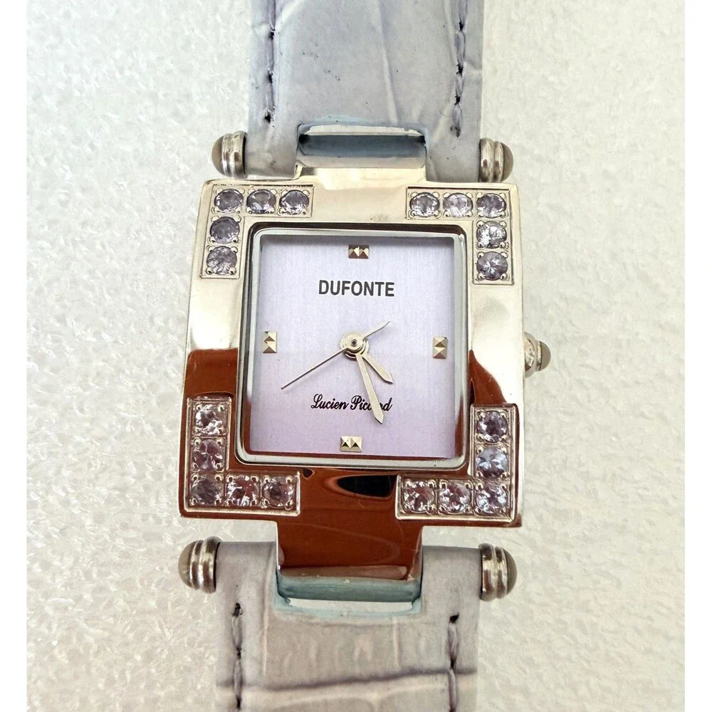 Vintage Dufonte Lucien Piccard Lavender Rhinestone Square Watch Croc Leather